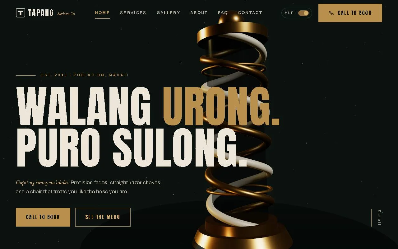 Screenshot of the Tapang Barbero Co. concept site